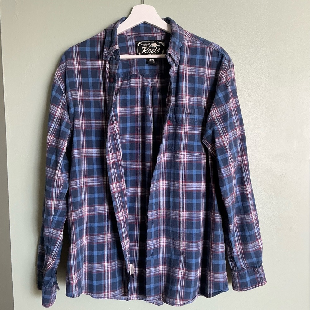 100% Cotton Vintage Roots Men's Navy and Red Plaid Shirt Flannel Grunge
